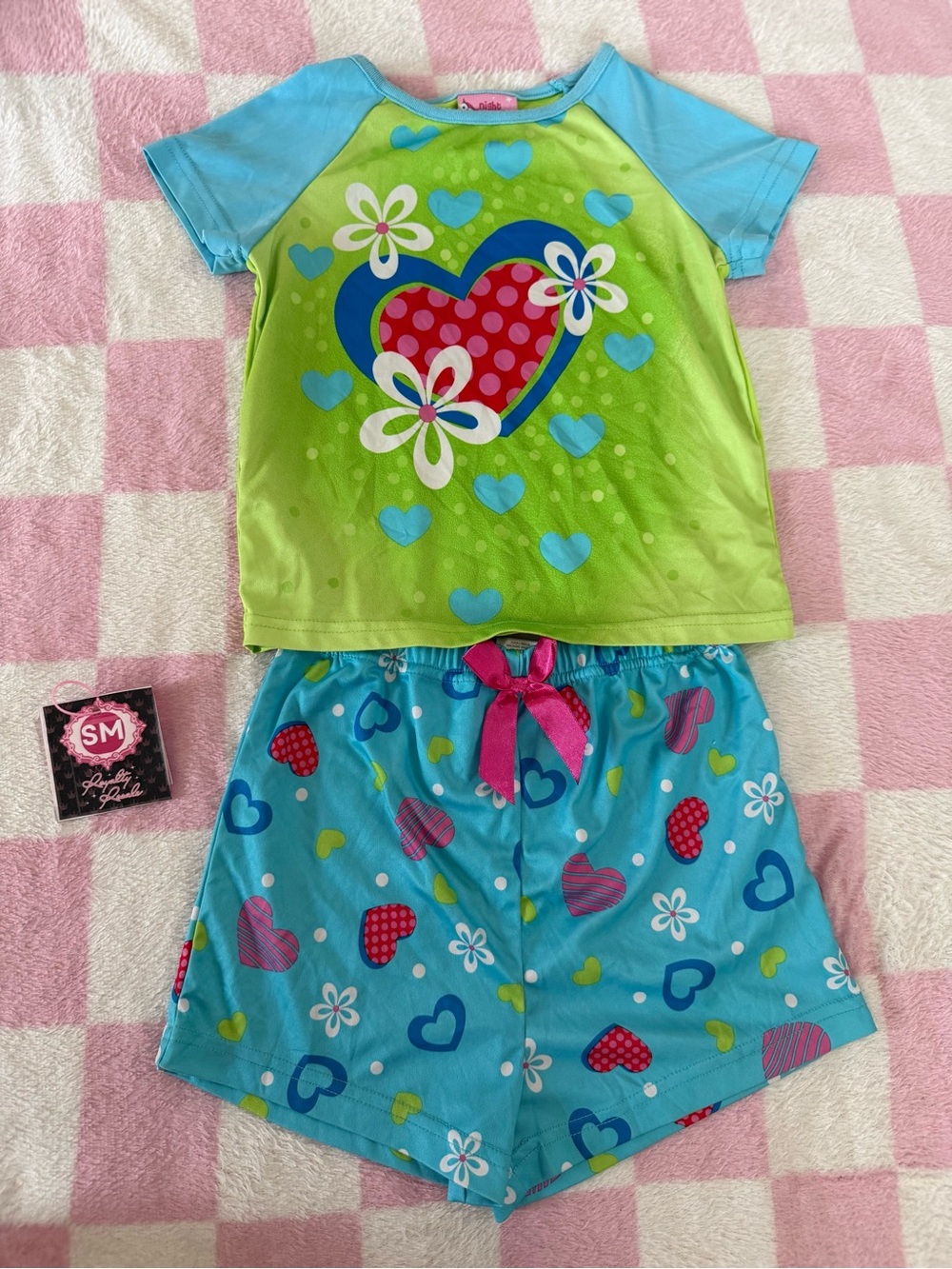 Girls' Short-Sleeve Heart & Flower Pajama Set - Lime & Blue